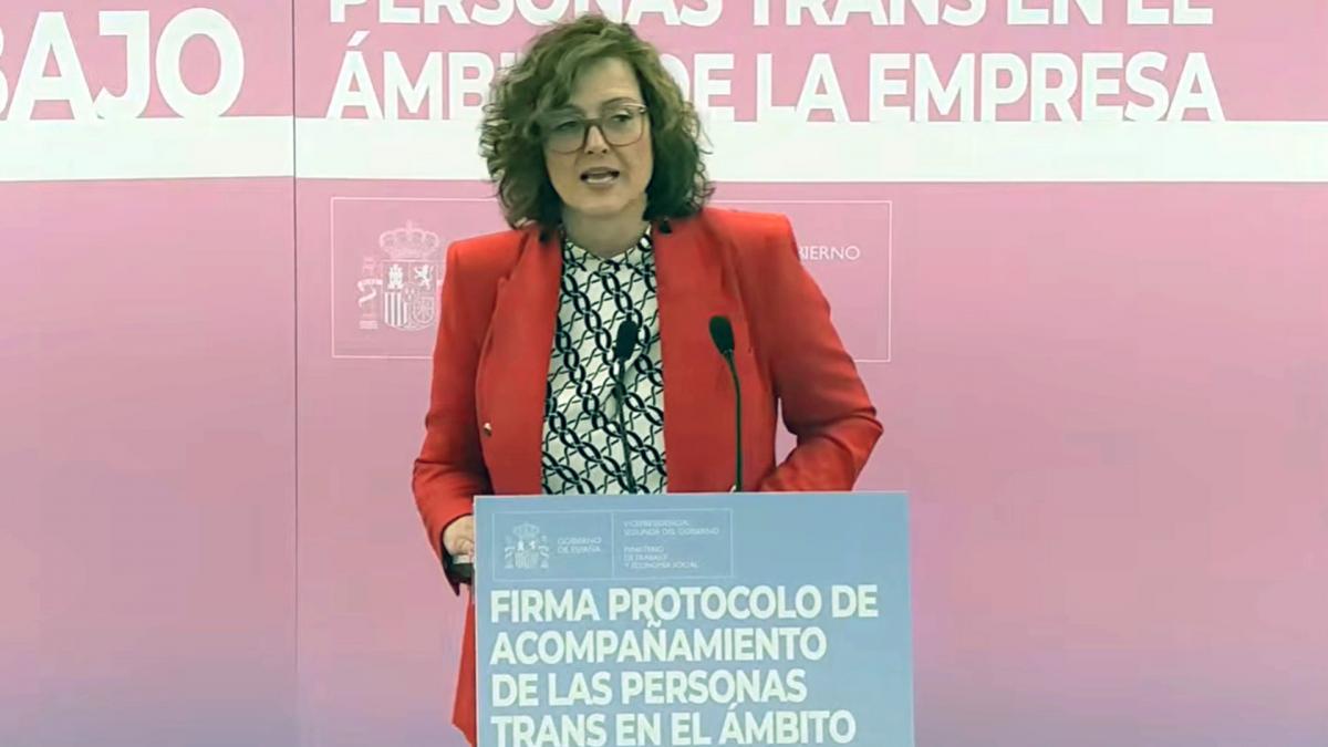 Carolina Vidal, secretaria confederal de Mujeres e Igualdad de CCOO, durante su intervención antes de la firma del protocolo en el Ministerio de Trabajo y Economía Social.