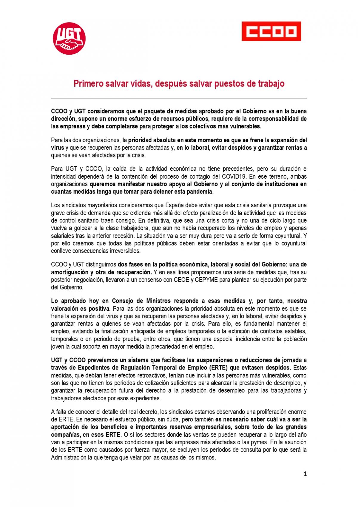 Primero salvar vidas, después salvar puestos de trabajo