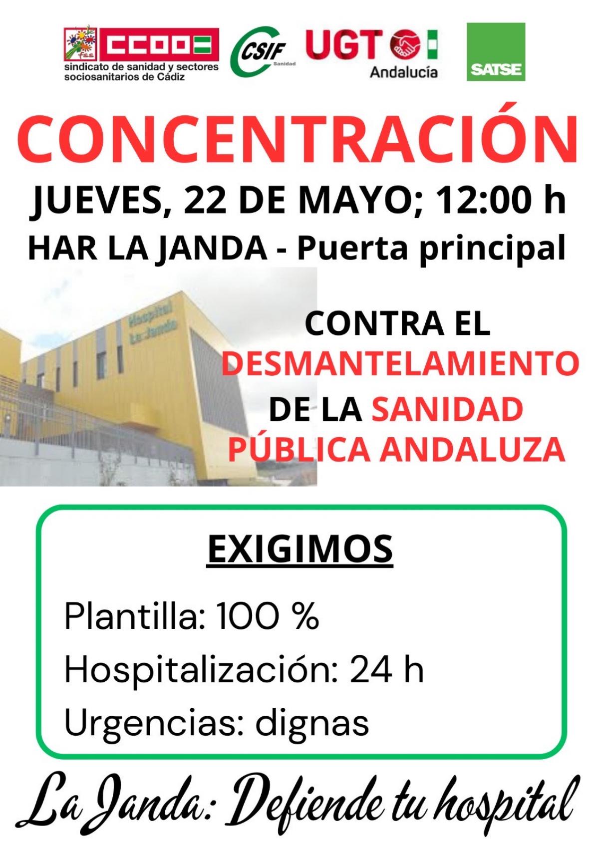 Las organizaciones convocantes llaman a profesionales, asociaciones y ciudadana a participar en la concentracin del prximo 22 de mayo para exigir la activacin total del Hospital de la Janda y defender la sanidad pblica, gratuita, equitativa y de calidad.