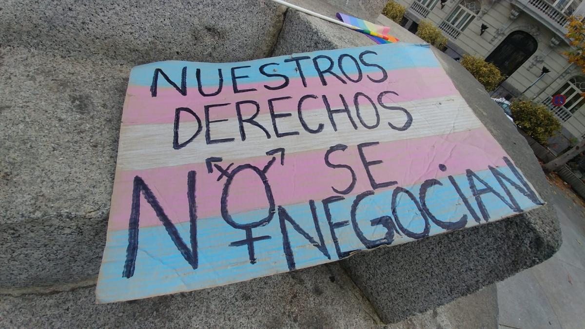 Eslogan y bandera trans: "Nuestros derechos no se negocian" (Julián Rebollo)