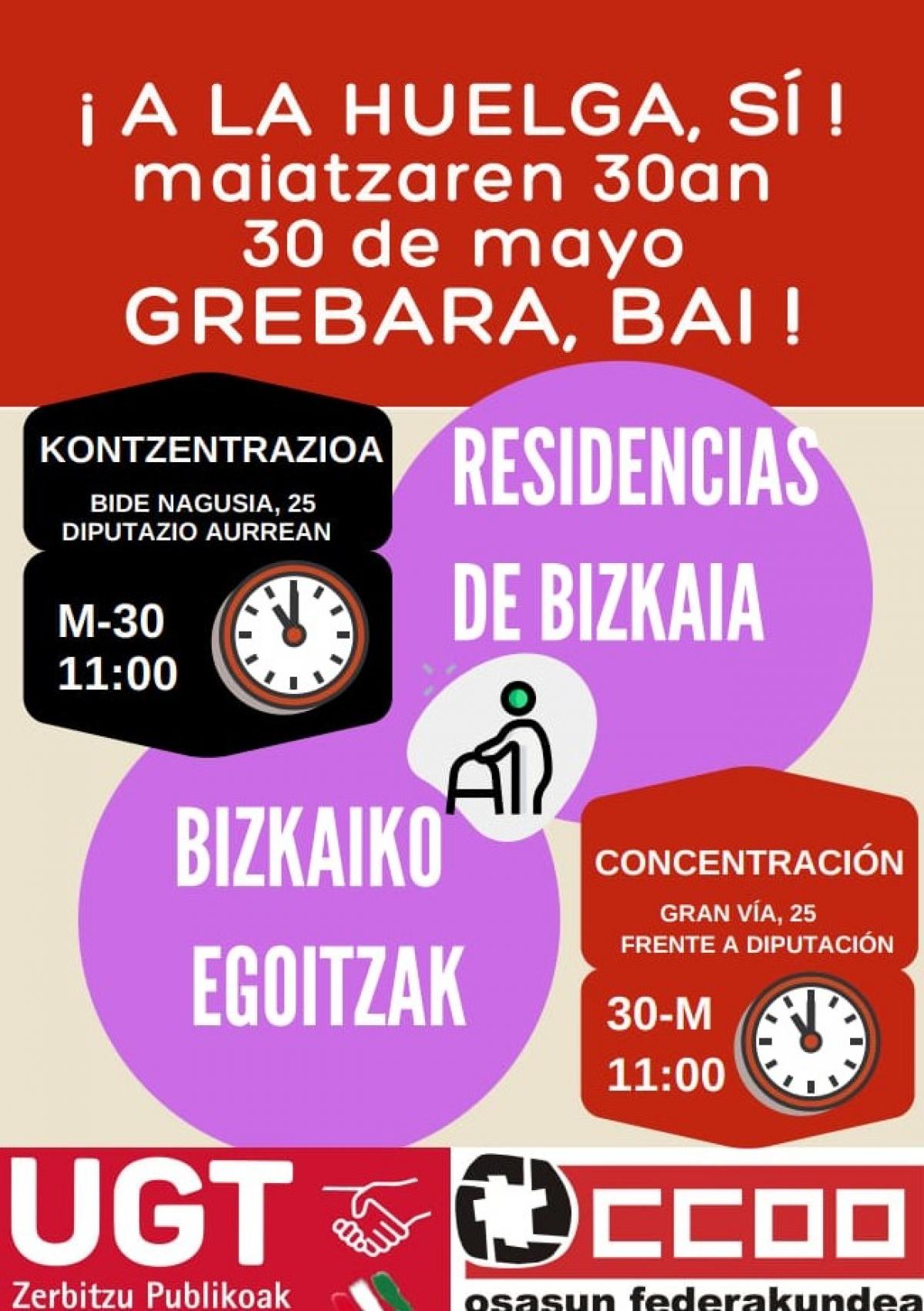Cartel llamando a la huelga de las residencias de Bizkaia.