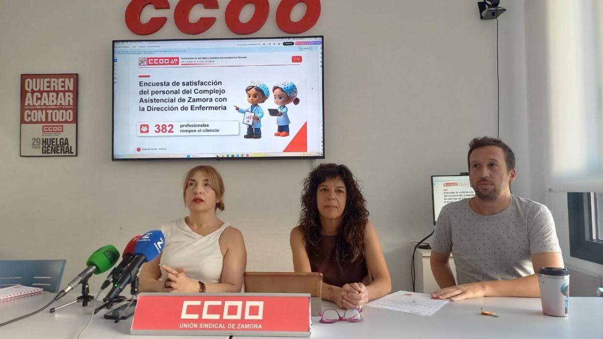 Ana Rosa Arribas, secretaria general de FSS-CCOO CyL, acompañada por Fredes Mangas y Mario Ortín, delegados de FSS-CCOO CyL en Zamora, durante la rueda de prensa de presentación de los resultados de la encuesta.