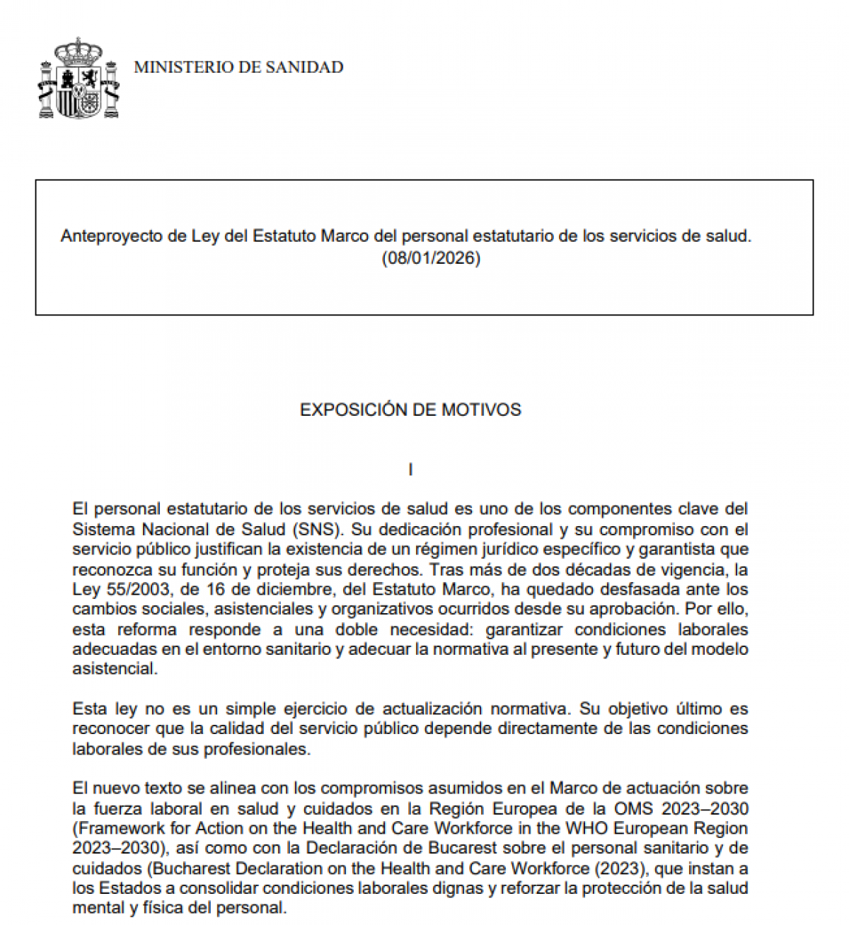 Anteproyecto de Ley del Estatuto Marco del personal estatutario de los servicios de salud