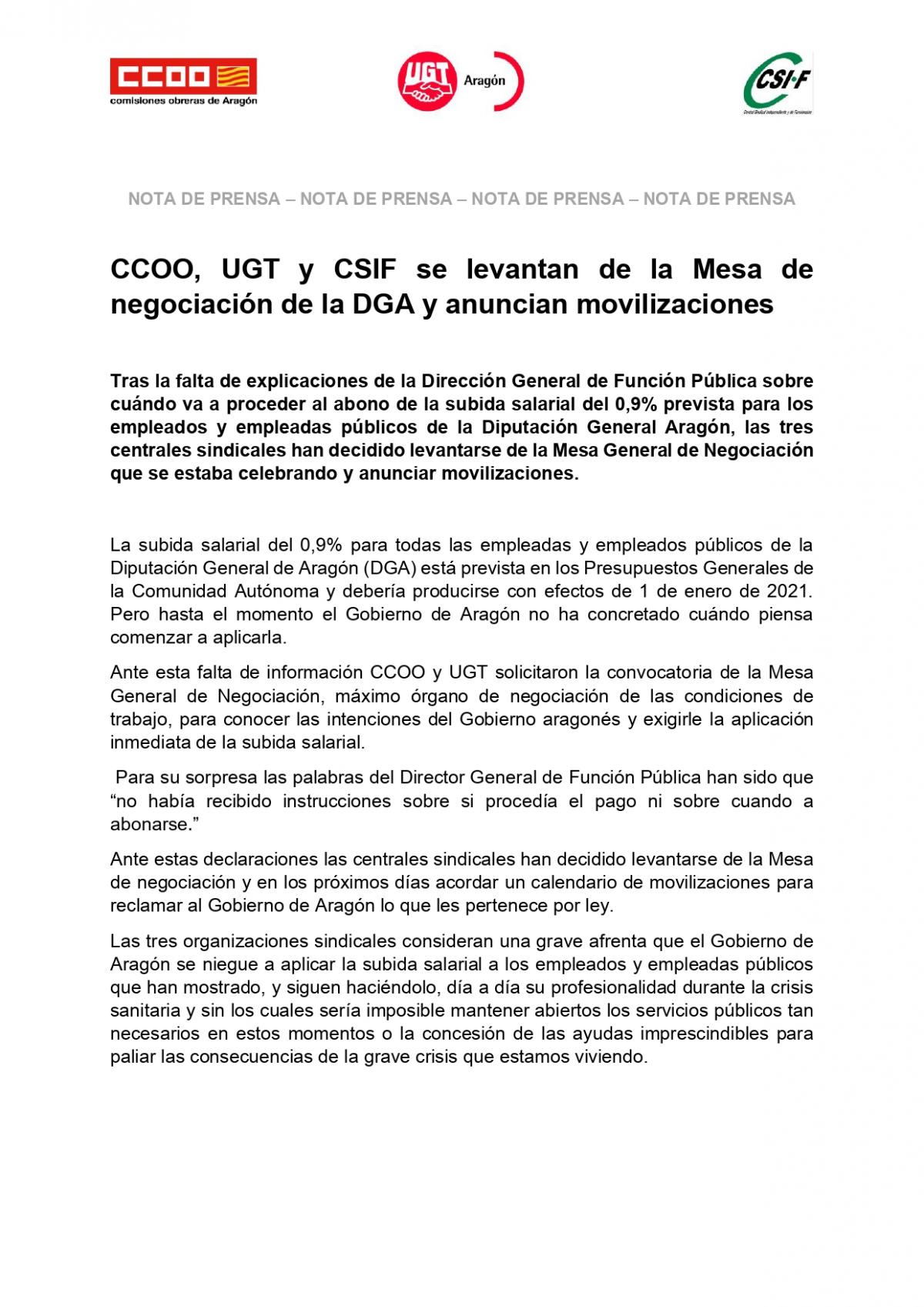 CCOO INFORMA 20210415 NP CCOO UGT CSIF abandonan la Mesa de Negociacion