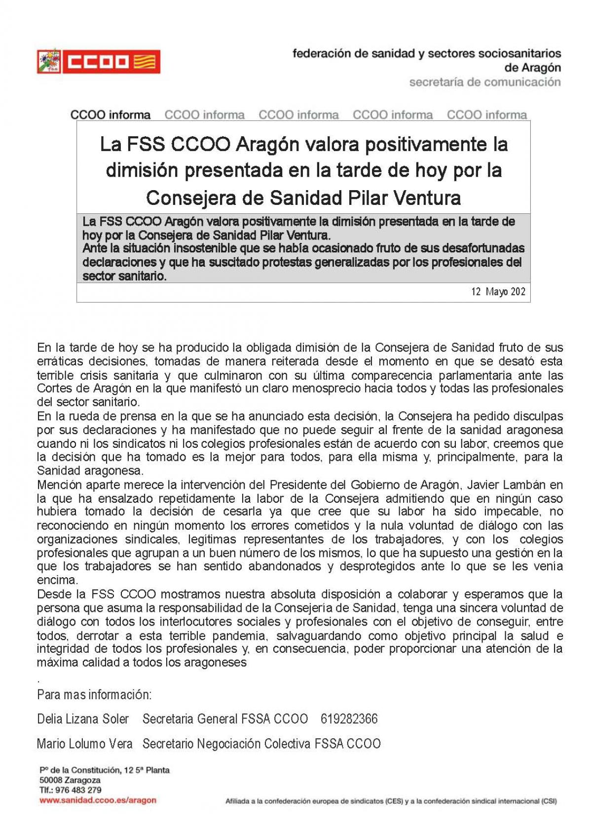 Nota de prensa de la FSS CCOO Aragn en relacin con la dimisin de la Consejera de Sanidad Pilar Ventura
