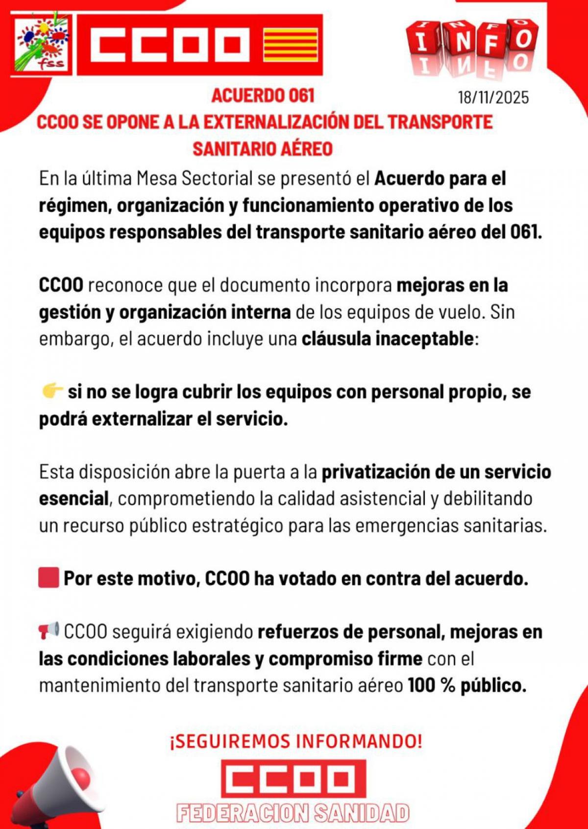 CCOO se opone a la externalización del transporte sanitario aéreo
