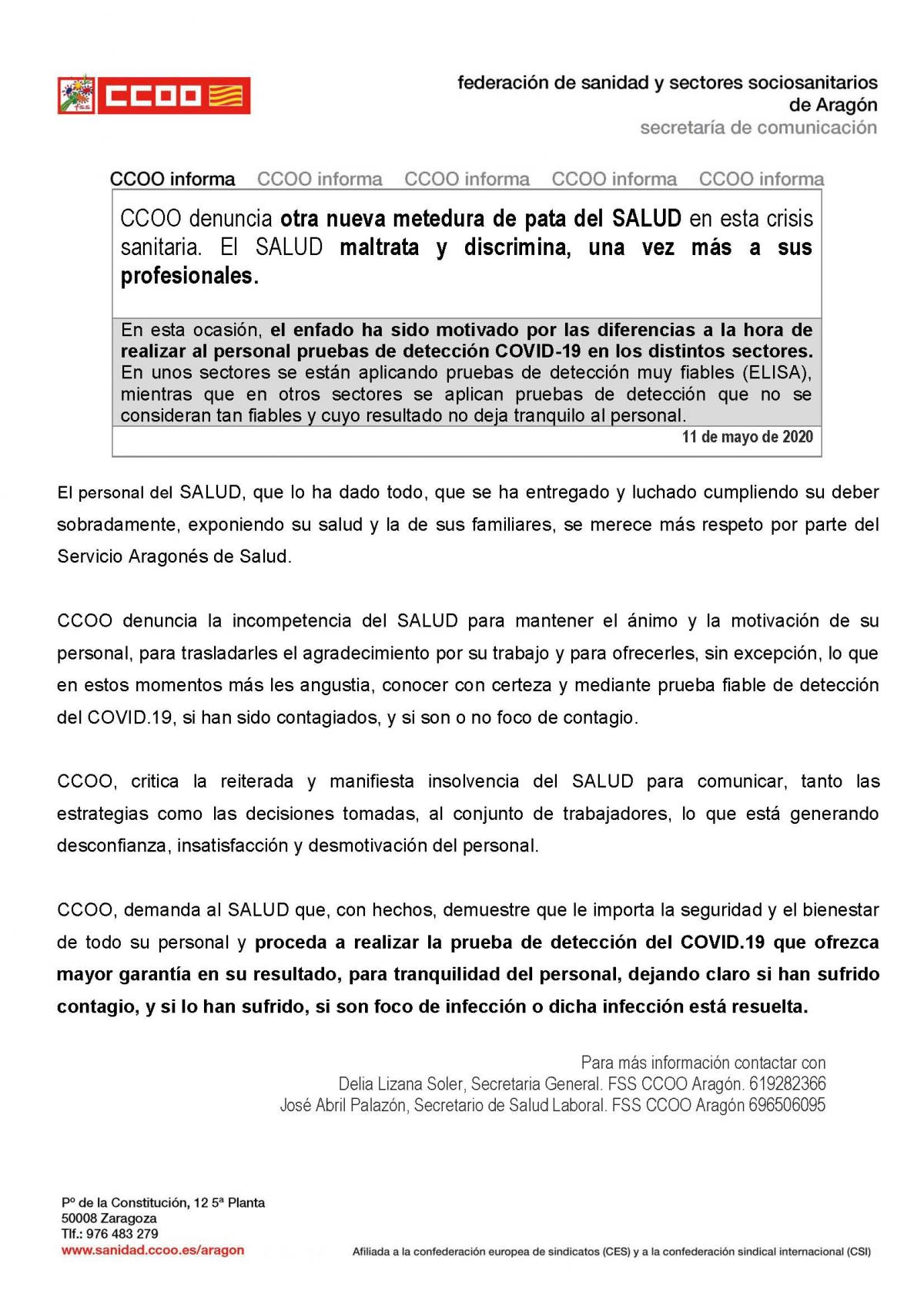 Nota de prensa FSS CCOO Aragón sobre diferencias de criterio en realización de pruebas de detección COVID-19 al personal de ámbito sanitario en los distintos sectores del SALUD