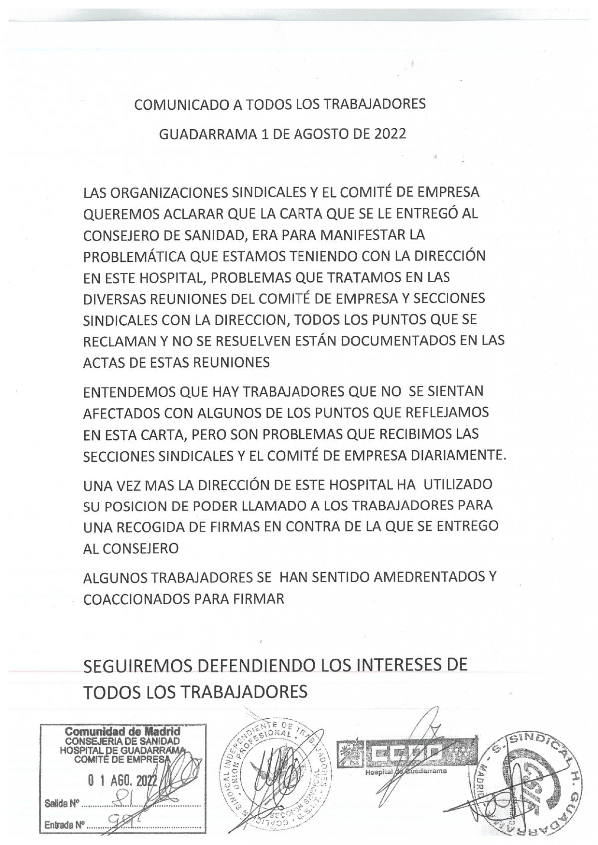 Imagen del comunicado del Comité de Empresa del Hospital de Guadarrama