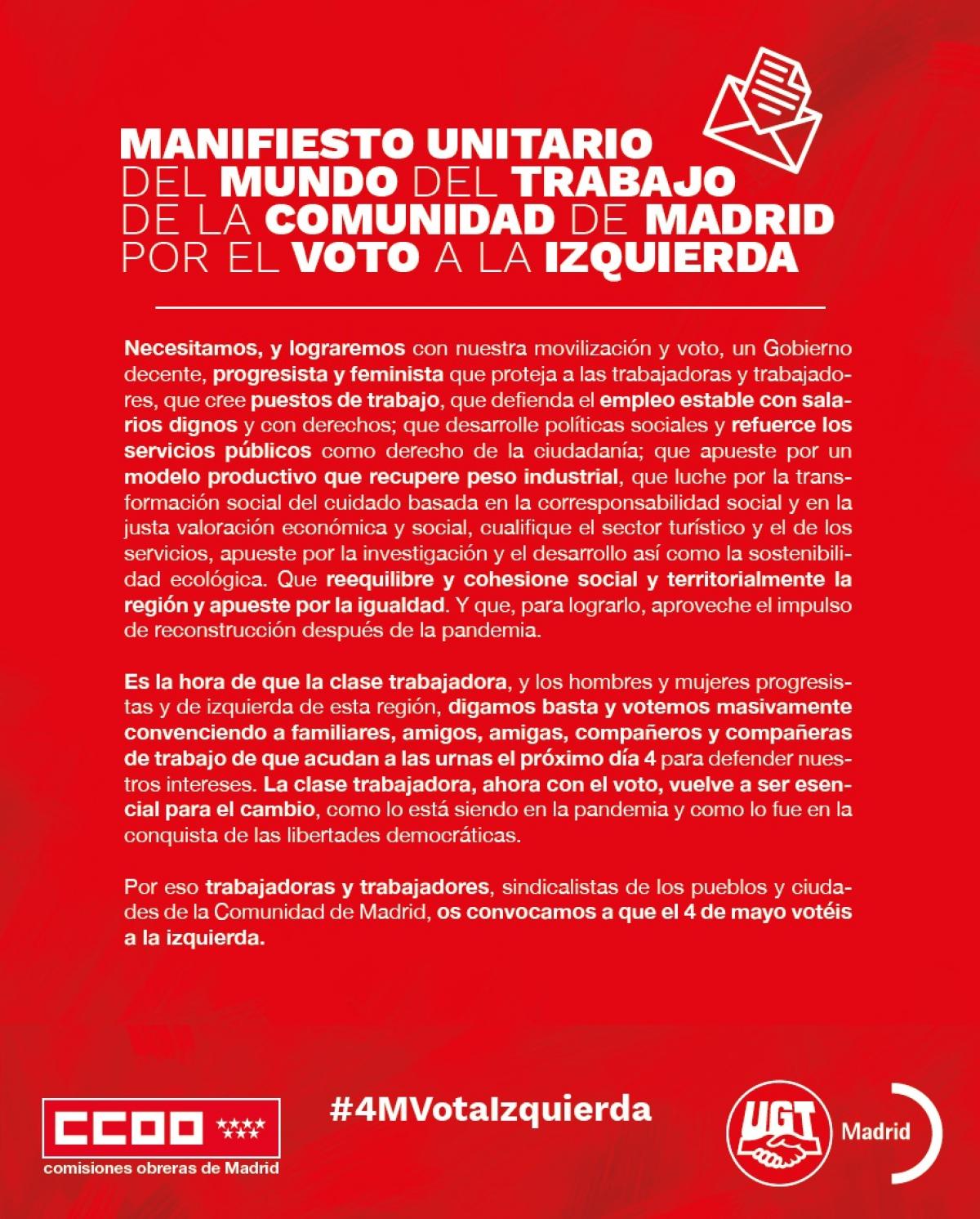 Manifiesto unitario del mundo del trabajo de la Comunidad de Madrid por el voto de la izquierda