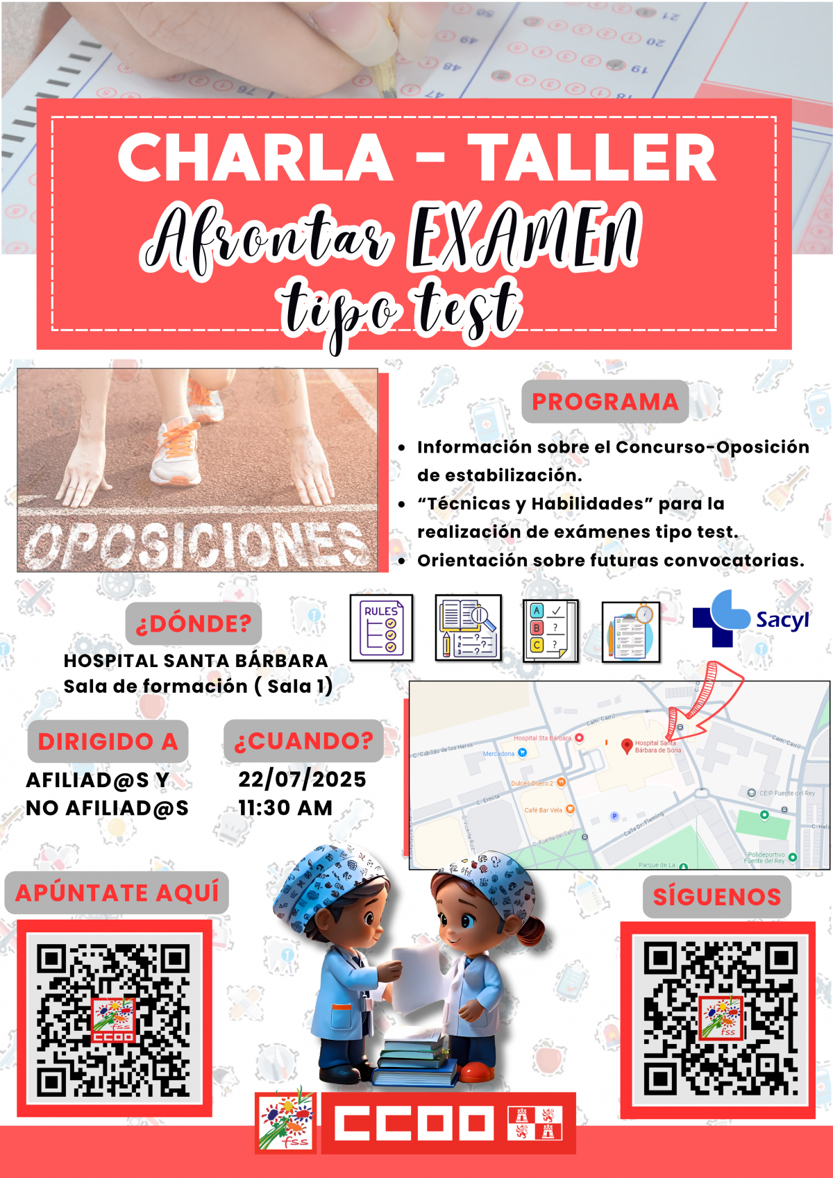 Cartel de charla taller examen tipo TEST Soria