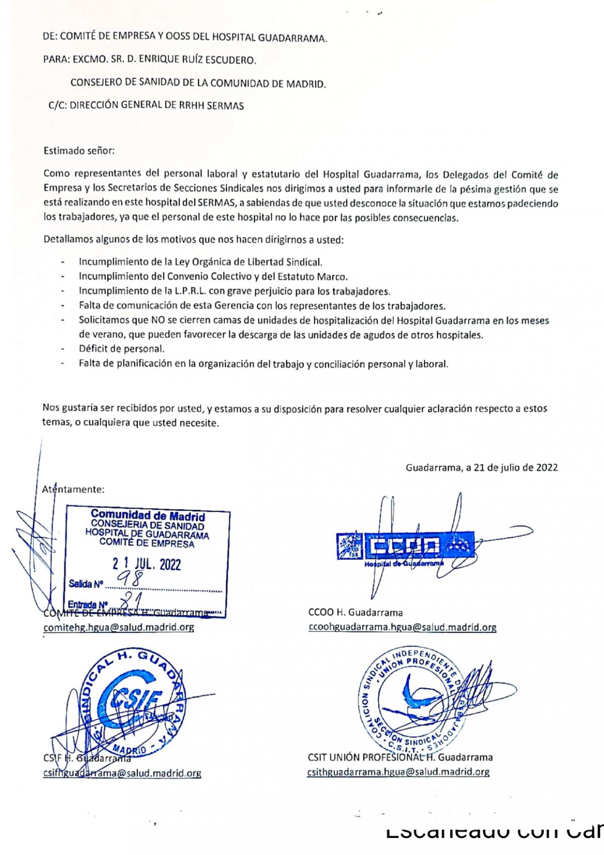 Carta entregada al consejero de Sanidad de la Comunidad de Madrid