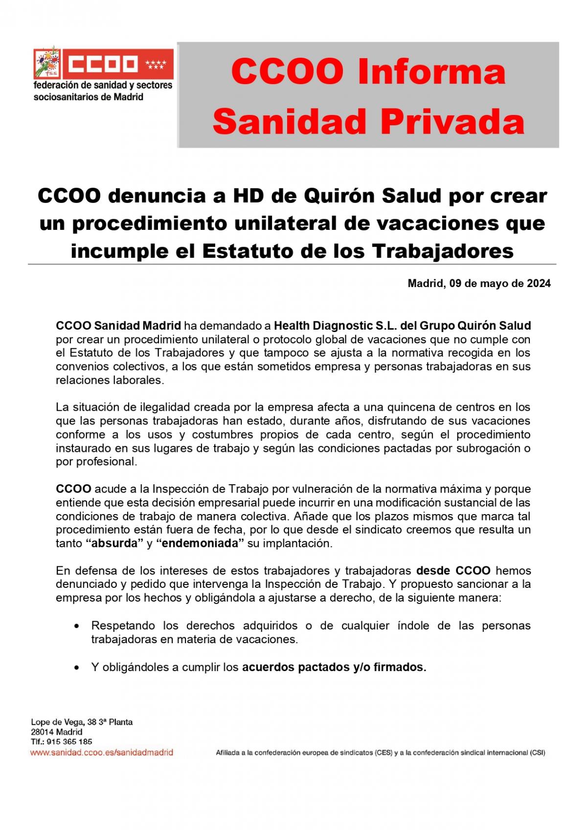Informa CCOO Sanidad Privada