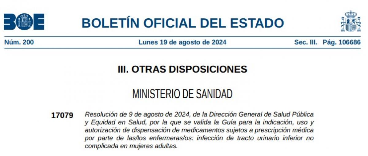 Publicación en el BOE de la Guía para la indicación, uso y autorización de dispensación de medicamentos sujetos a prescripción médica por parte de las/los enfermeras/os
