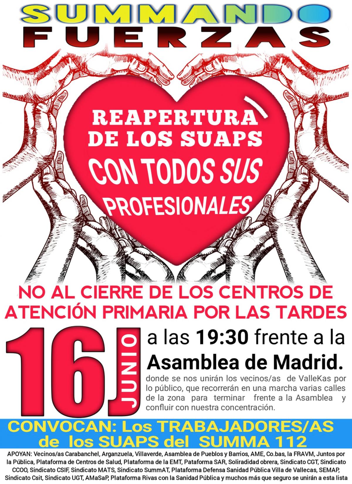 Manifestación frente a la Asamblea de Madrid 16 de junio, 19:30 horas.