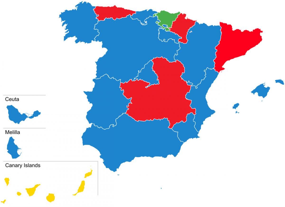 Distribución de las Comunidades Autónomas según color político. Fuente: Wikipedia